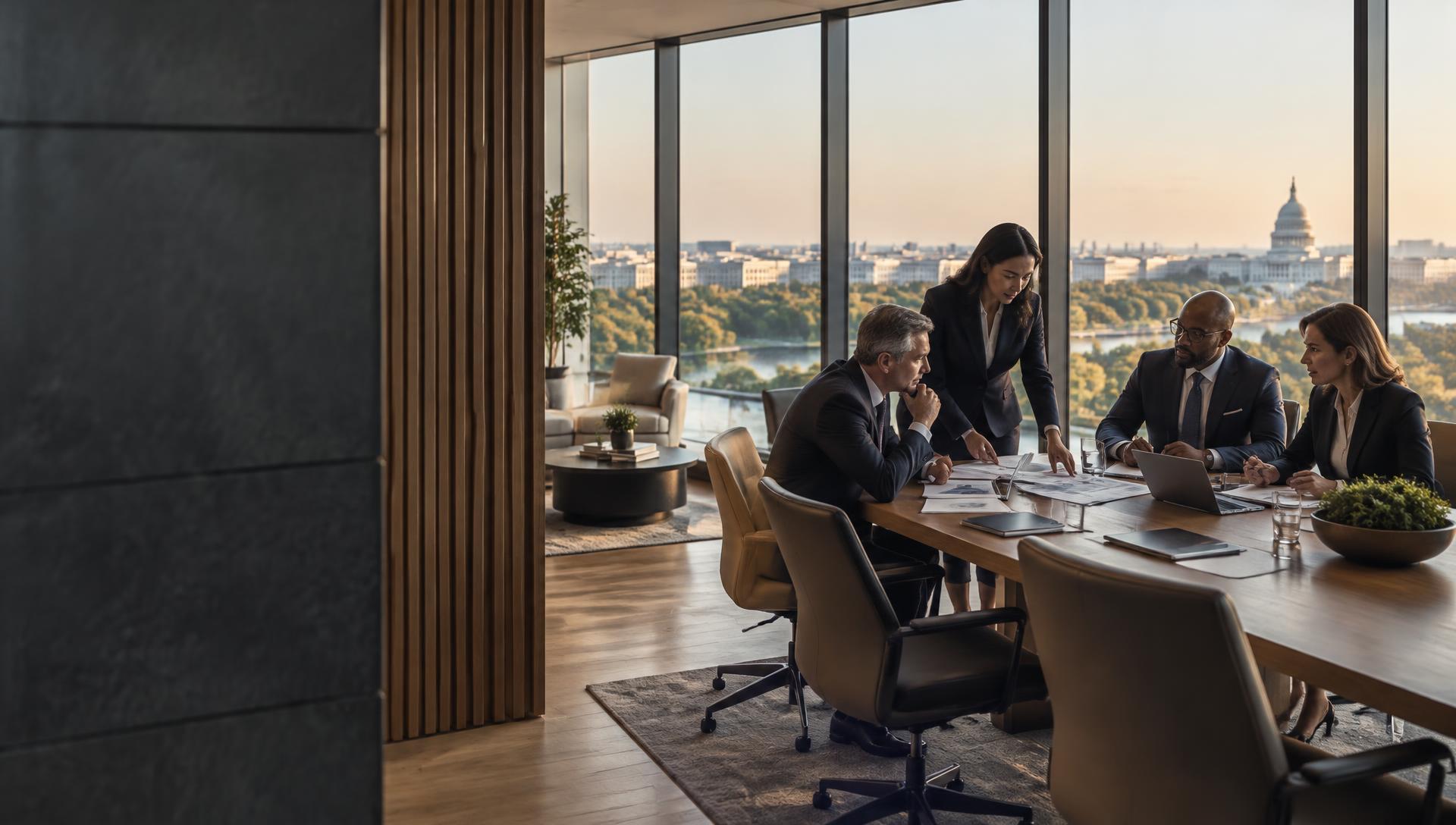 Business professionals collaborating in a modern office overlooking Washington, DC